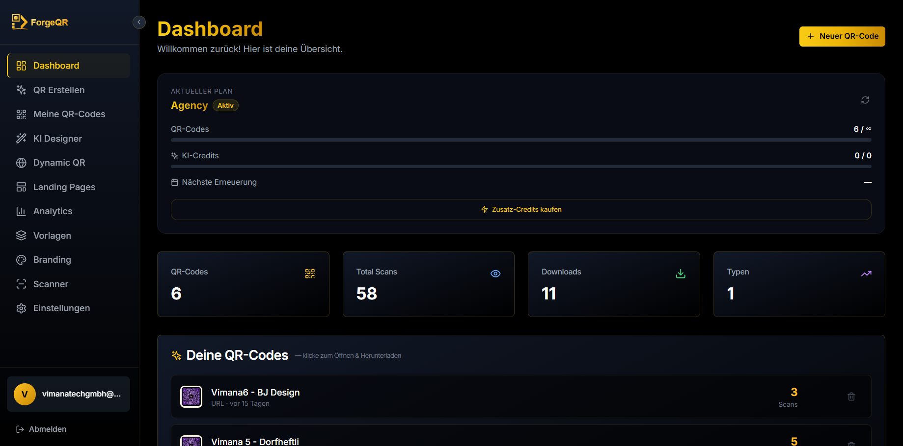 ForgeQR Dashboard mit dem Button 'Neuer QR-Code'